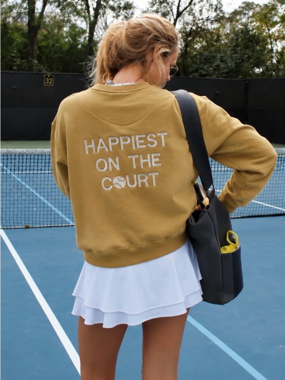 COURTLIFE Camel Yellow White Happiest On The Court Tennis Sweatshirt Sz 2 / M-L